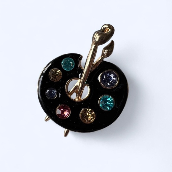 Artistic Palette Brooch Black Gold with Colorful Gems Artist Jewelry Gift - Picture 1 of 5